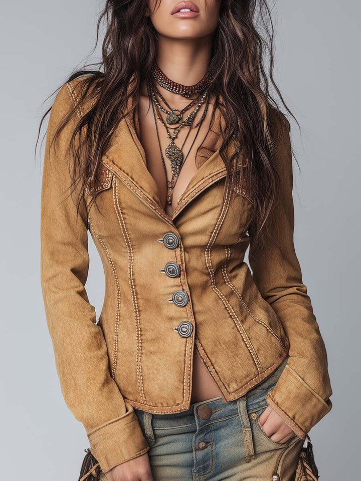 Women’s Slim Fit Vintage Washed Khaki Trucker Jacket