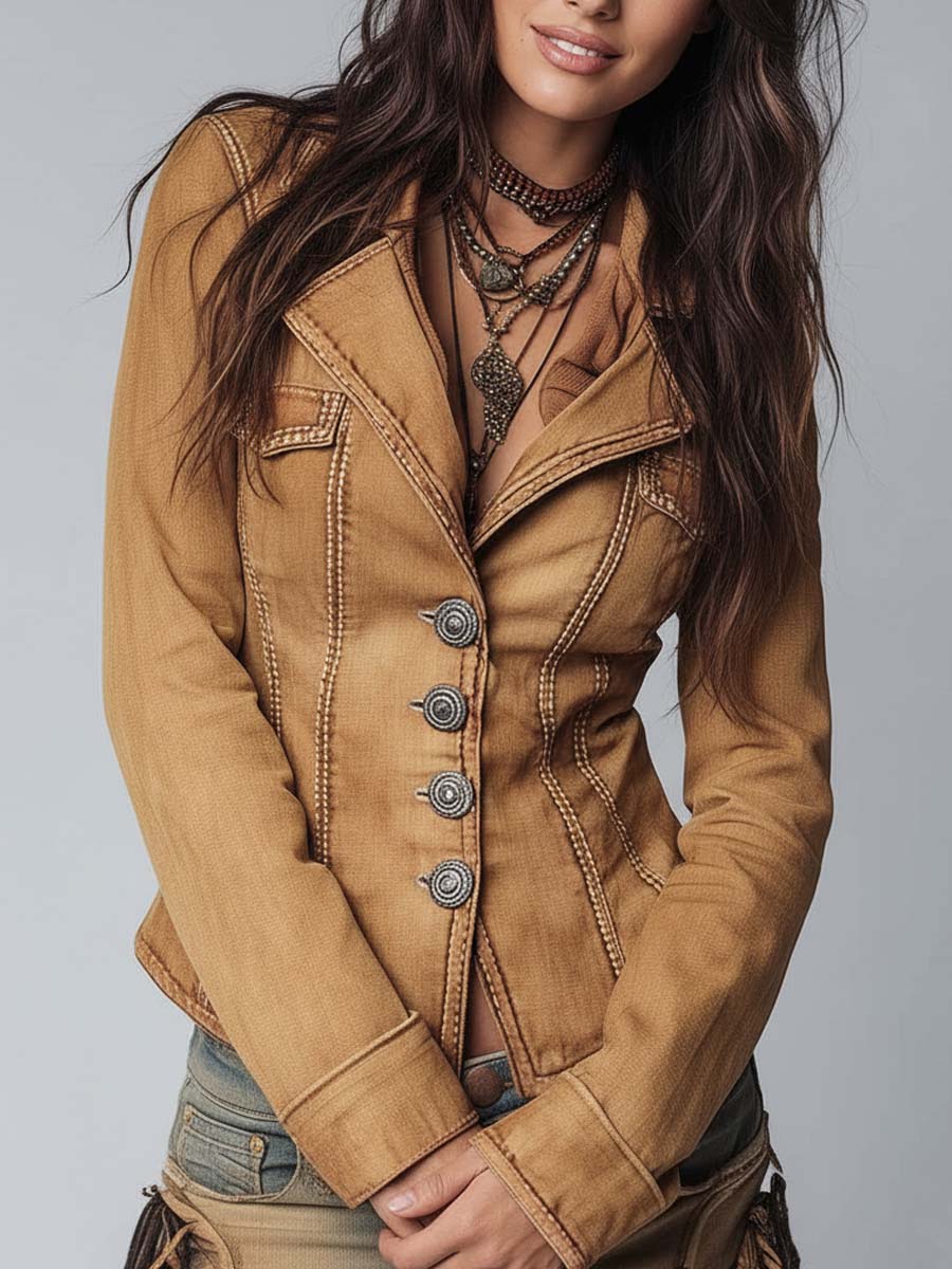Women’s Slim Fit Vintage Washed Khaki Trucker Jacket