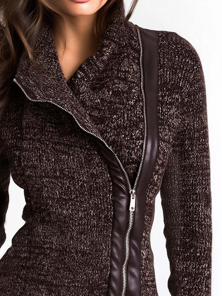 Women’s Brown Asymmetric Zip Ribbed Knit Jacket