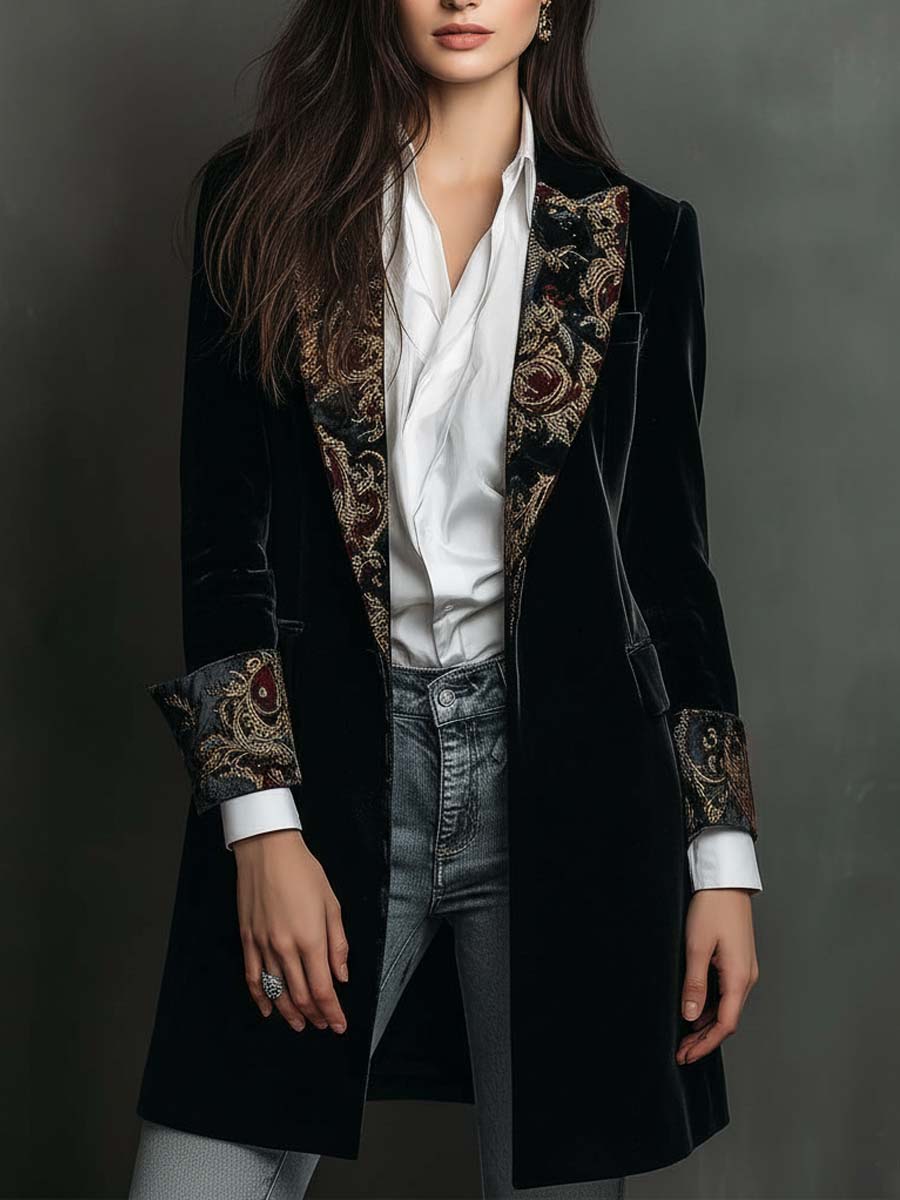 Men’s Black Baroque Print Lapel Slim Fit Blazer