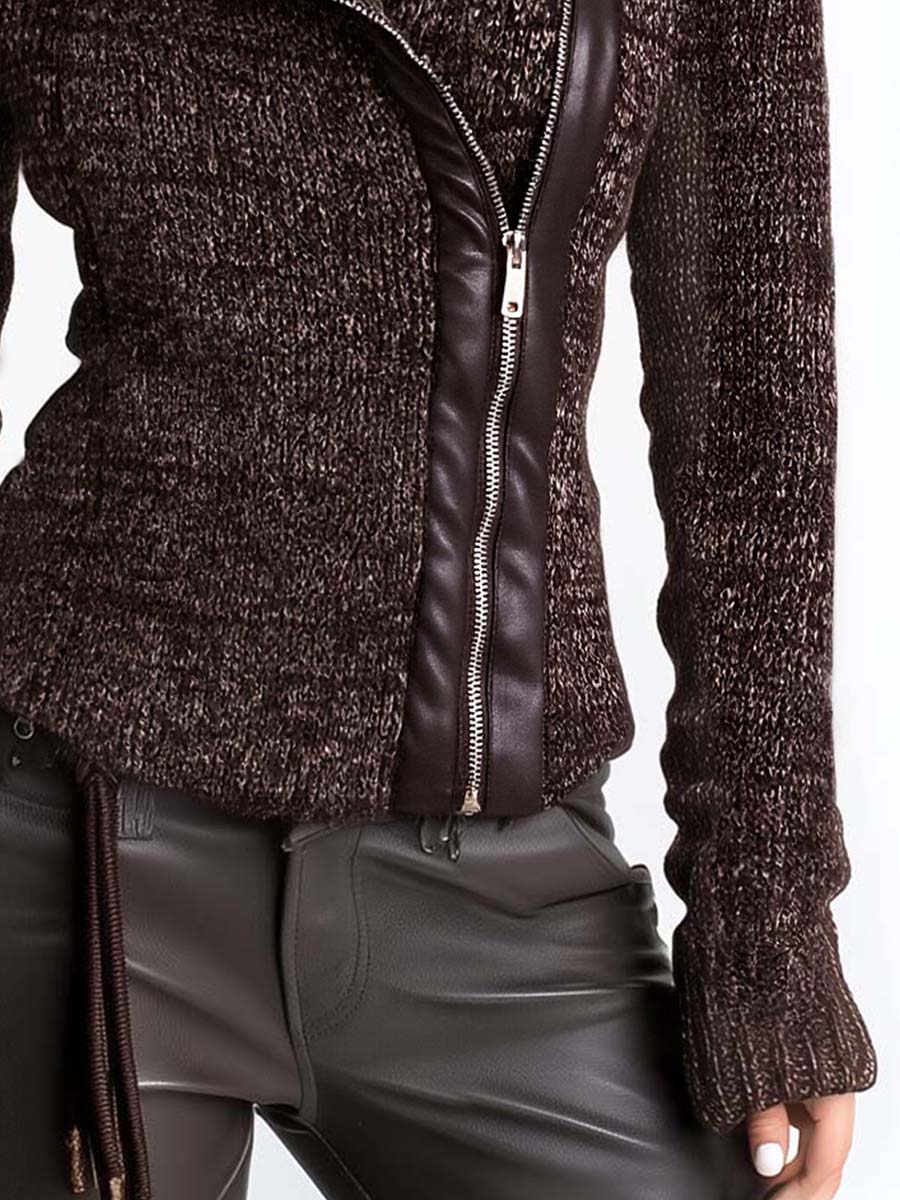 Women’s Brown Asymmetric Zip Ribbed Knit Jacket