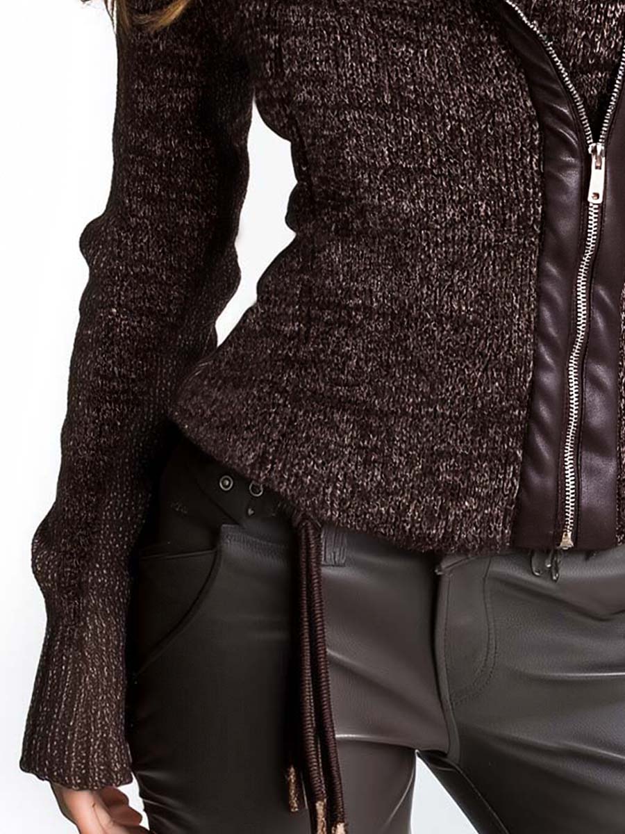 Women’s Brown Asymmetric Zip Ribbed Knit Jacket