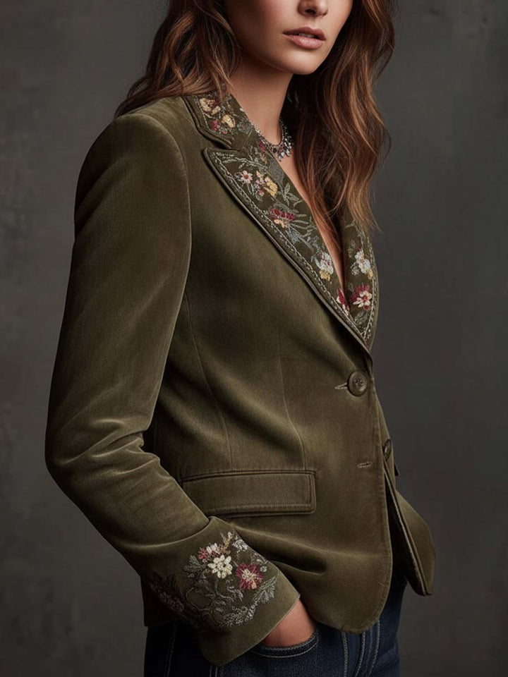 Women’s Olive Green Floral Embroidered Blazer