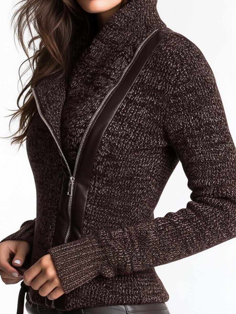 Women’s Brown Asymmetric Zip Ribbed Knit Jacket