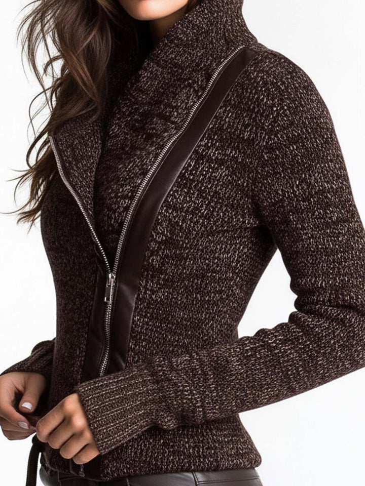 Women’s Brown Asymmetric Zip Ribbed Knit Jacket
