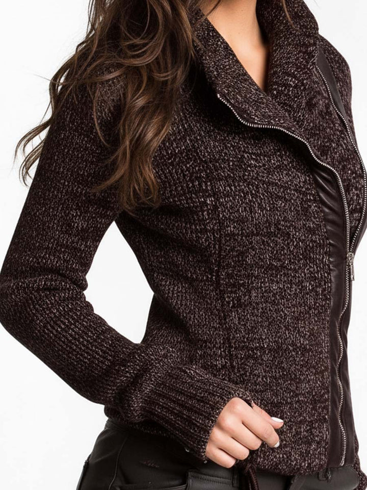 Women’s Brown Asymmetric Zip Ribbed Knit Jacket