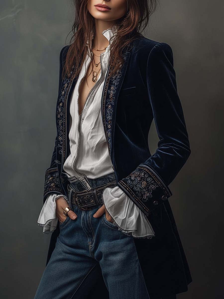 Women’s Vintage Navy Embroidered Long Jacket