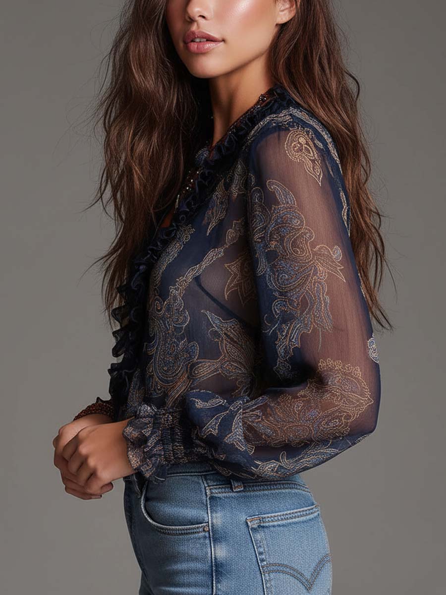 Women’s Navy Paisley Ruffle Zip Front Blouse