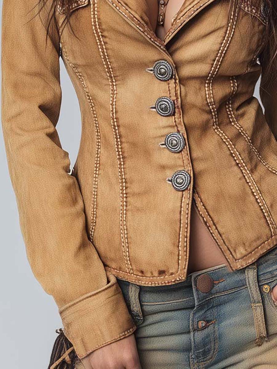 Women’s Slim Fit Vintage Washed Khaki Trucker Jacket