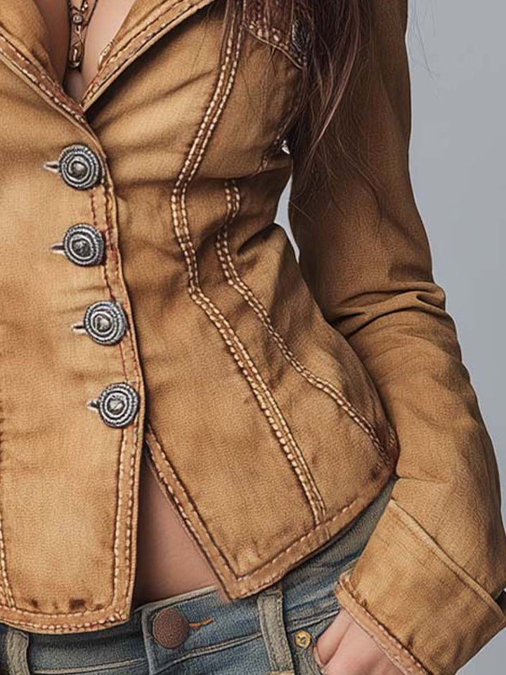 Women’s Slim Fit Vintage Washed Khaki Trucker Jacket