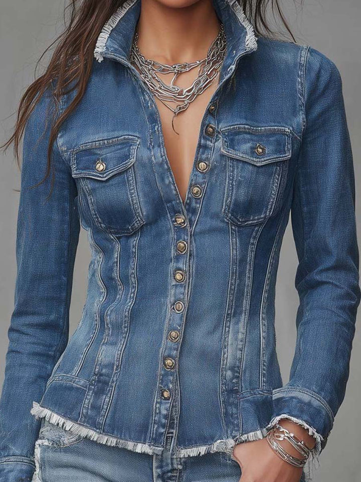 Women’s Fitted Frayed Edge Button Front Shacket