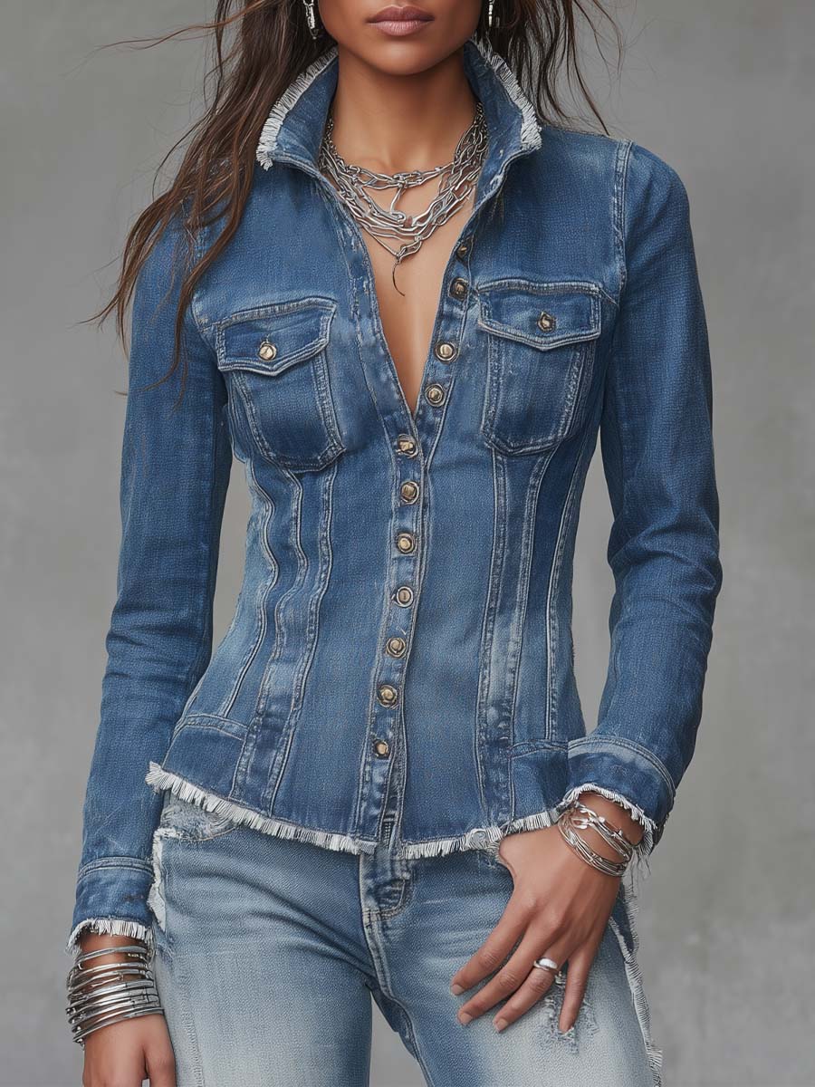 Women’s Fitted Frayed Edge Button Front Shacket
