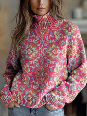 Women's Vintage Floral Print Long Sleeve Turtleneck Top
