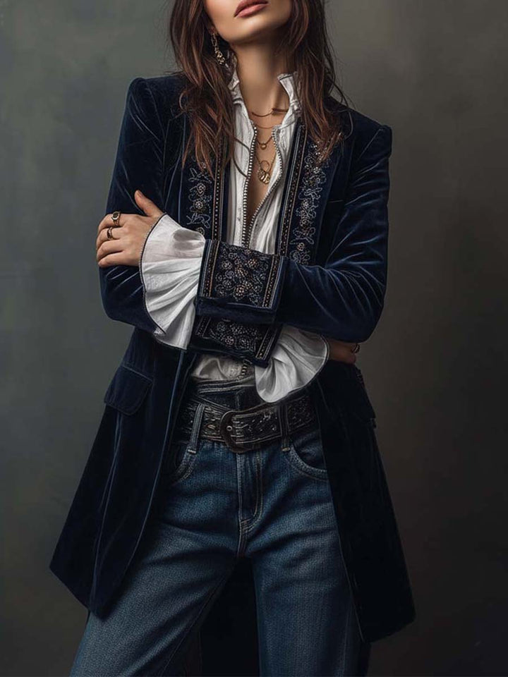 Women’s Vintage Navy Embroidered Long Jacket
