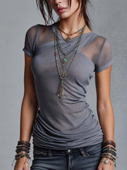 Women’s Gray Double Layer Ruched Fitted Top