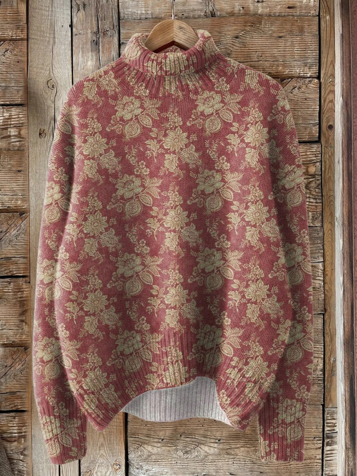 Women’s Retro Rose Print Turtleneck Sweater