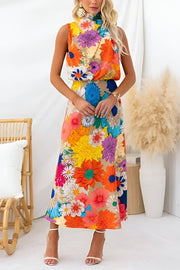 Women’s Sleeveless Tie Neck Floral Maxi Dress