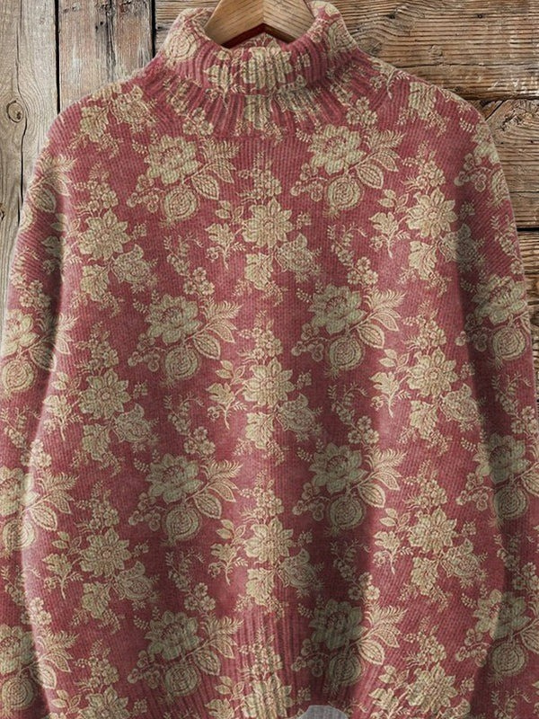 Women’s Retro Rose Print Turtleneck Sweater