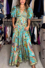 Women’s Flowy Puff-Sleeve V-Neck Maxi Dress