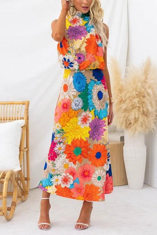 Women’s Sleeveless Tie Neck Floral Maxi Dress