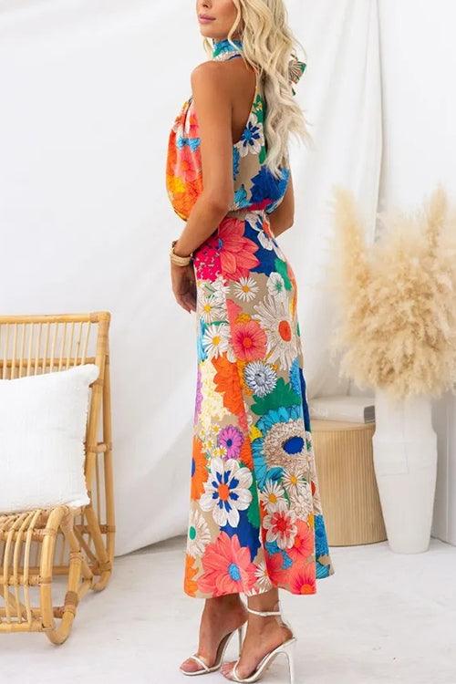 Women’s Sleeveless Tie Neck Floral Maxi Dress