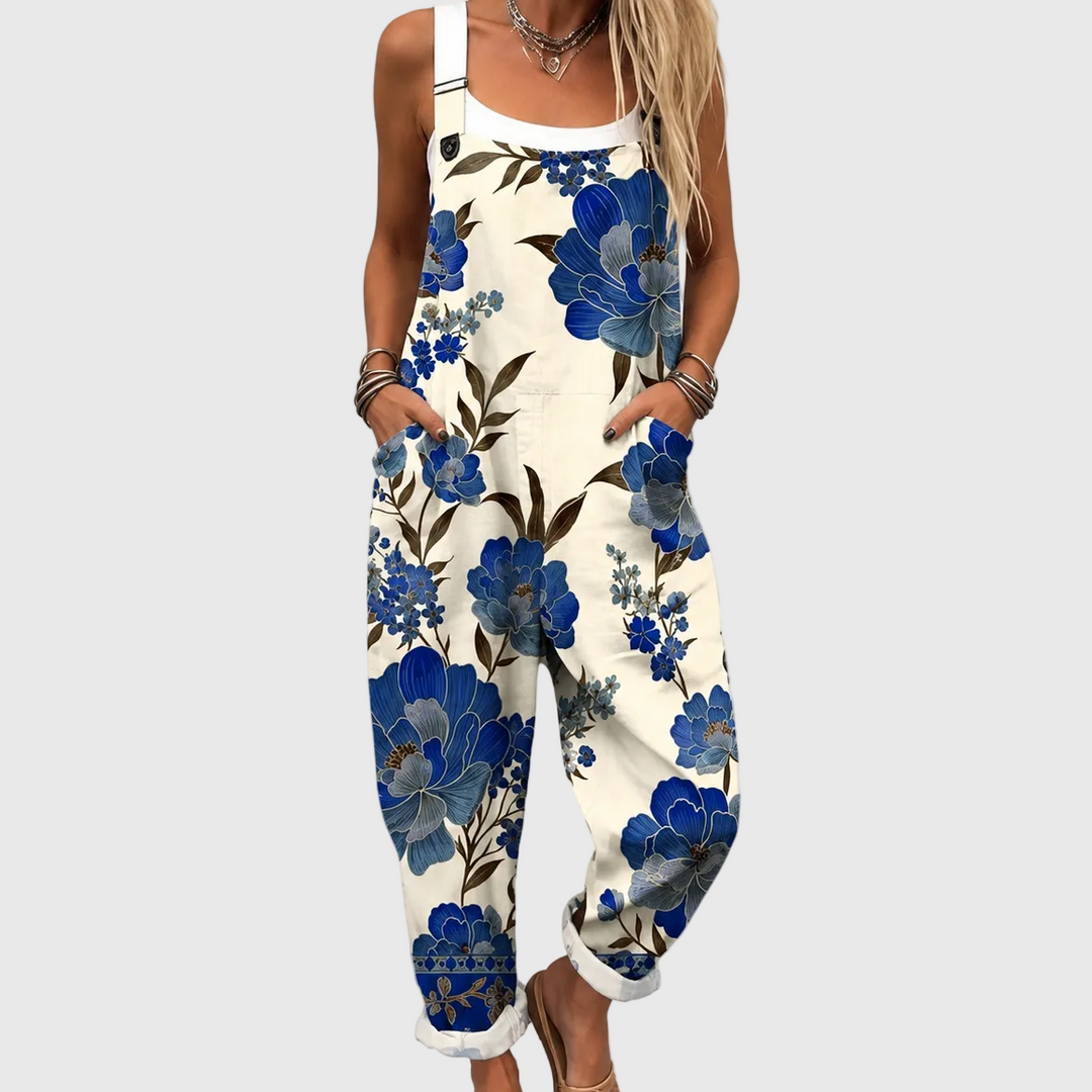 Women’s Royal Blue Floral Print Dungarees