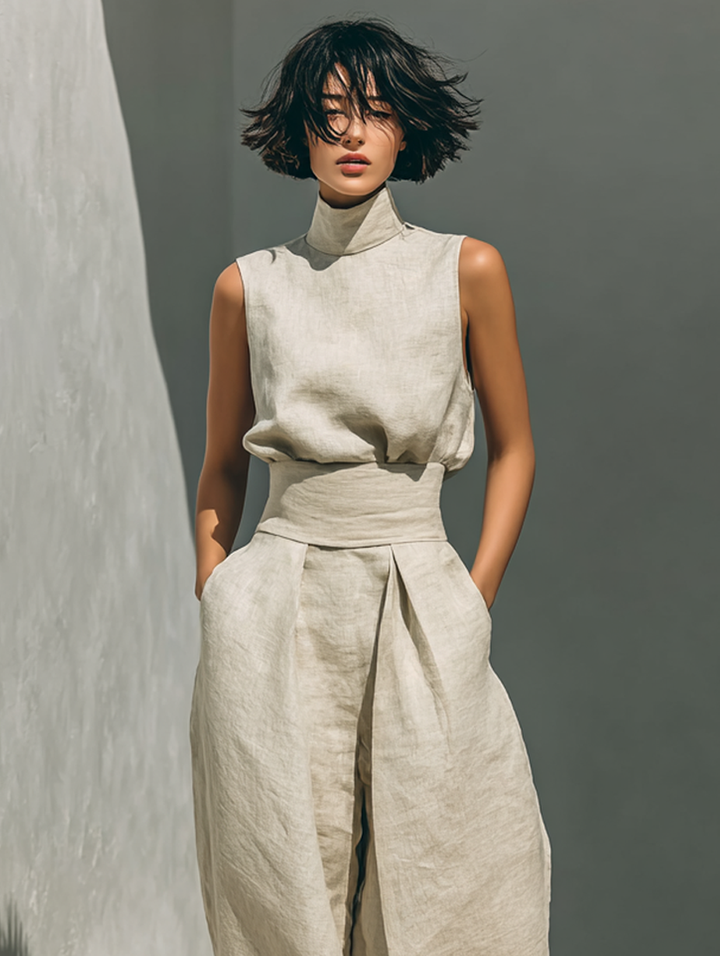 Women’s Minimalist Sleeveless Two-Piece Blouse And Wide-Leg Pants Set