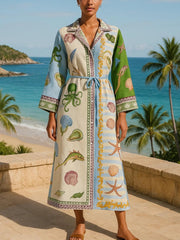 Women’s Belted Printed Midi Shirt Dress