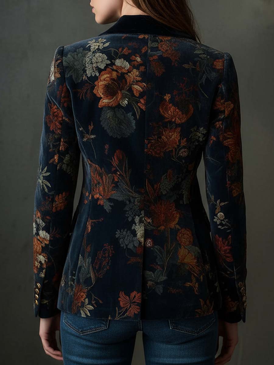 Women’s Vintage Floral Print Metal Button Blazer