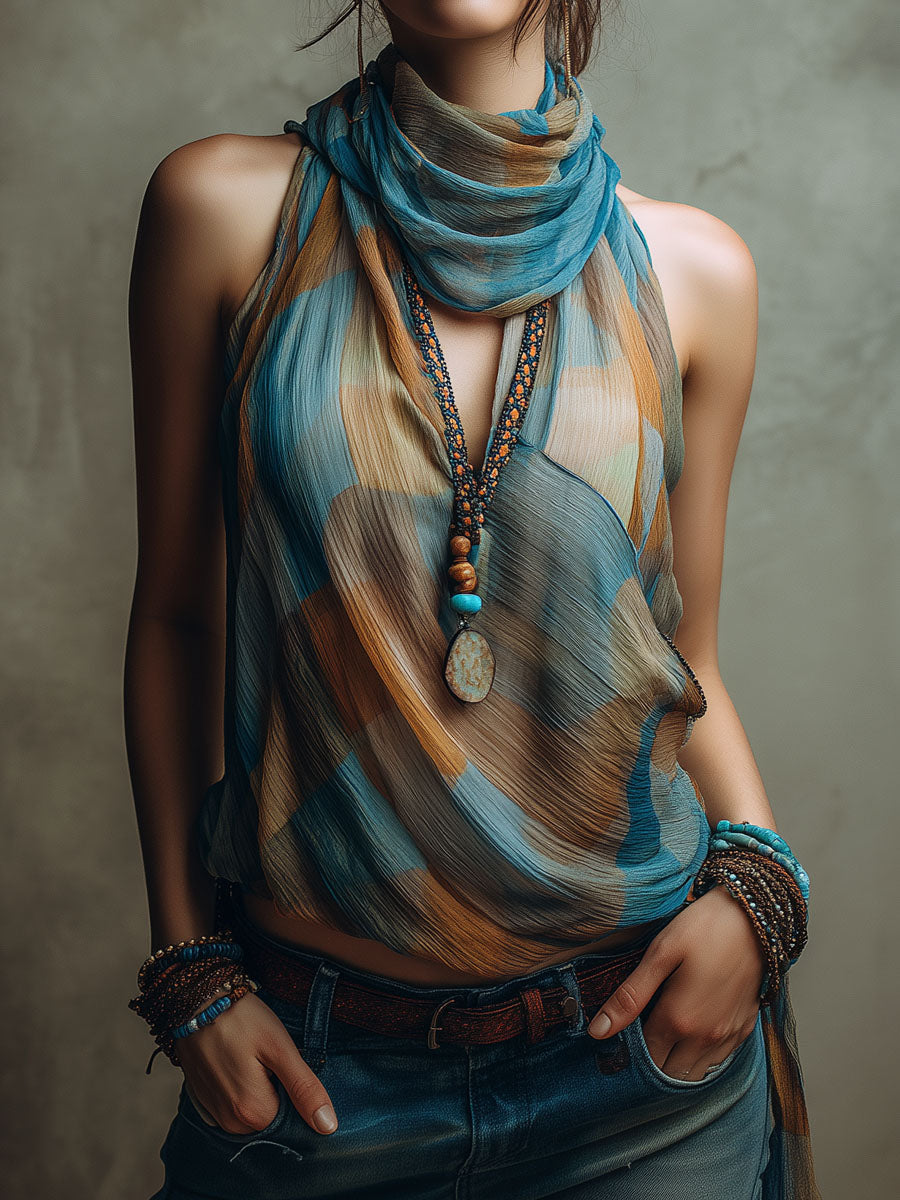 Women’s Boho Halter Scarf Neck Blouse
