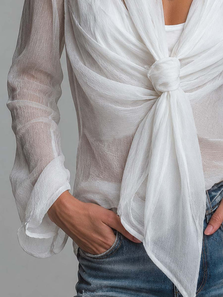Women’s Sheer Wrap Tie Front Long Sleeve Blouse and Camisole Set