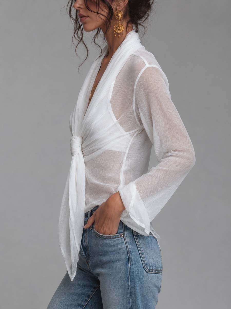 Women’s Sheer Wrap Tie Front Long Sleeve Blouse and Camisole Set