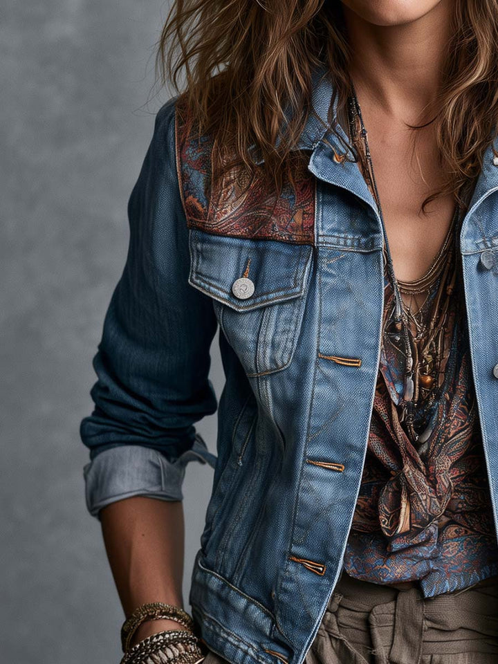 Women’s Boho Paisley Shoulder Panel Trucker Jacket