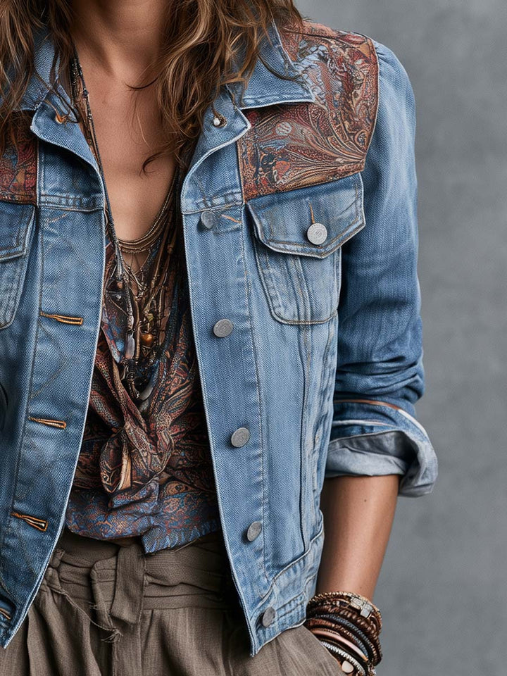 Women’s Boho Paisley Shoulder Panel Trucker Jacket