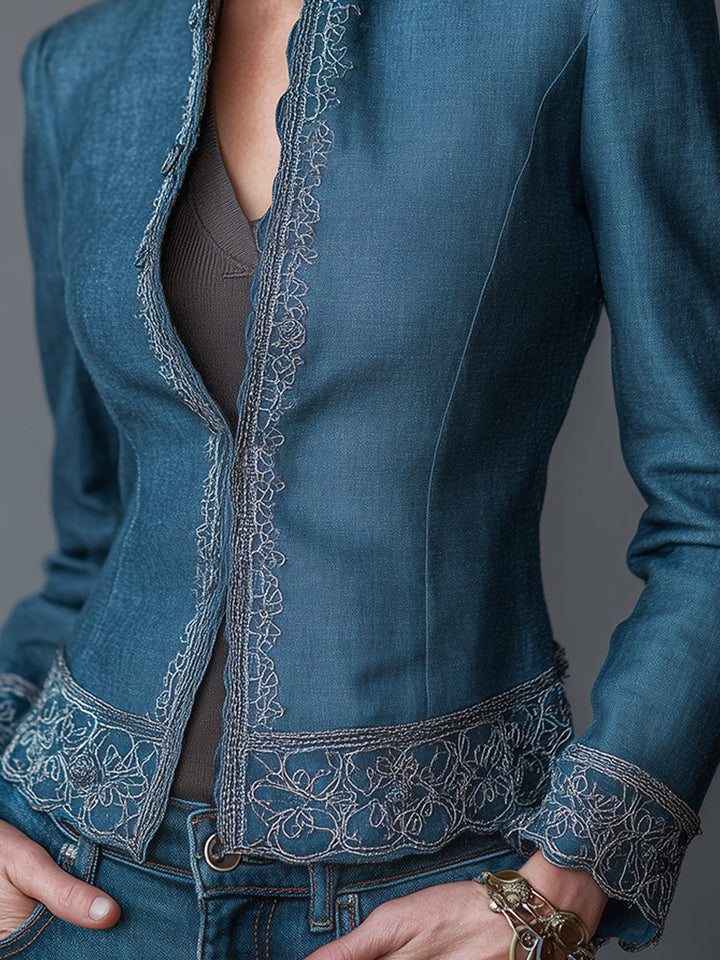 Women’s Vintage Embroidered Mandarin Collar Slim Fit Blazer