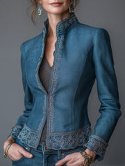 Women’s Vintage Embroidered Mandarin Collar Slim Fit Blazer