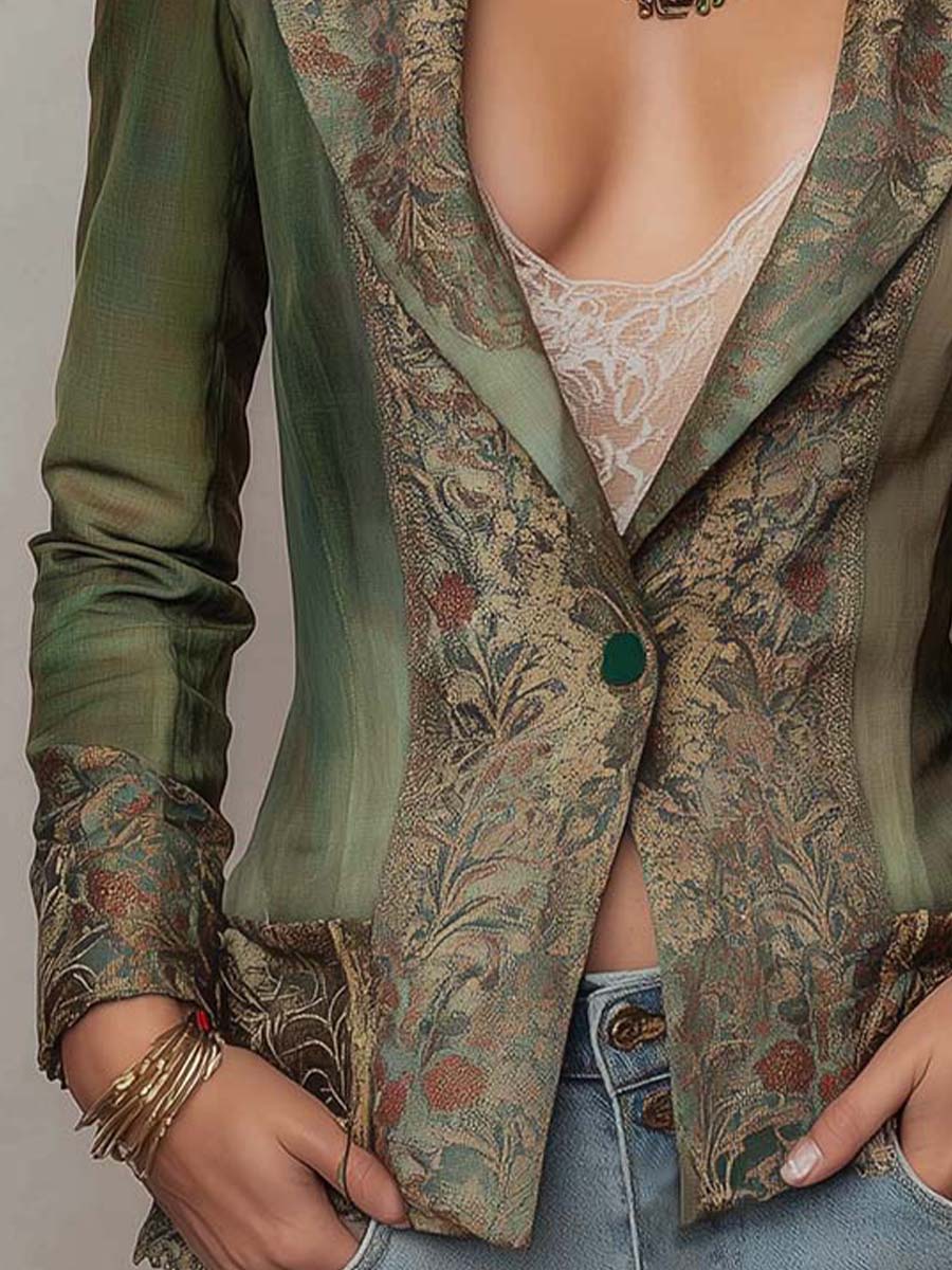 Women’s Olive Green Floral Single Button Fitted Blazer