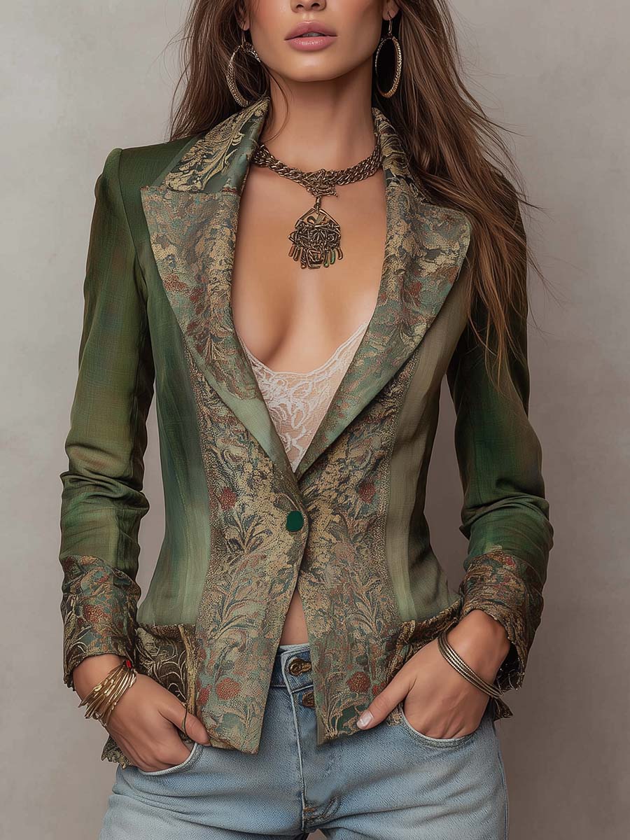 Women’s Olive Green Floral Single Button Fitted Blazer