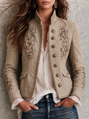 Women’s Beige Stand Collar Floral Embroidered Jacket