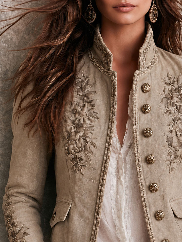 Women’s Beige Stand Collar Floral Embroidered Jacket