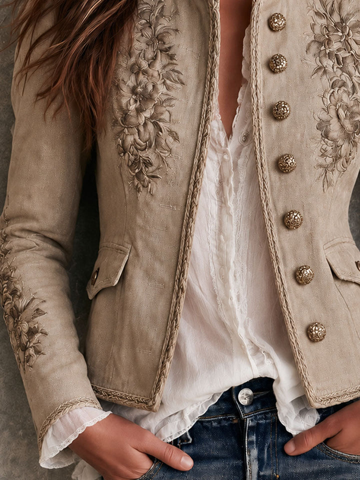 Women’s Beige Stand Collar Floral Embroidered Jacket