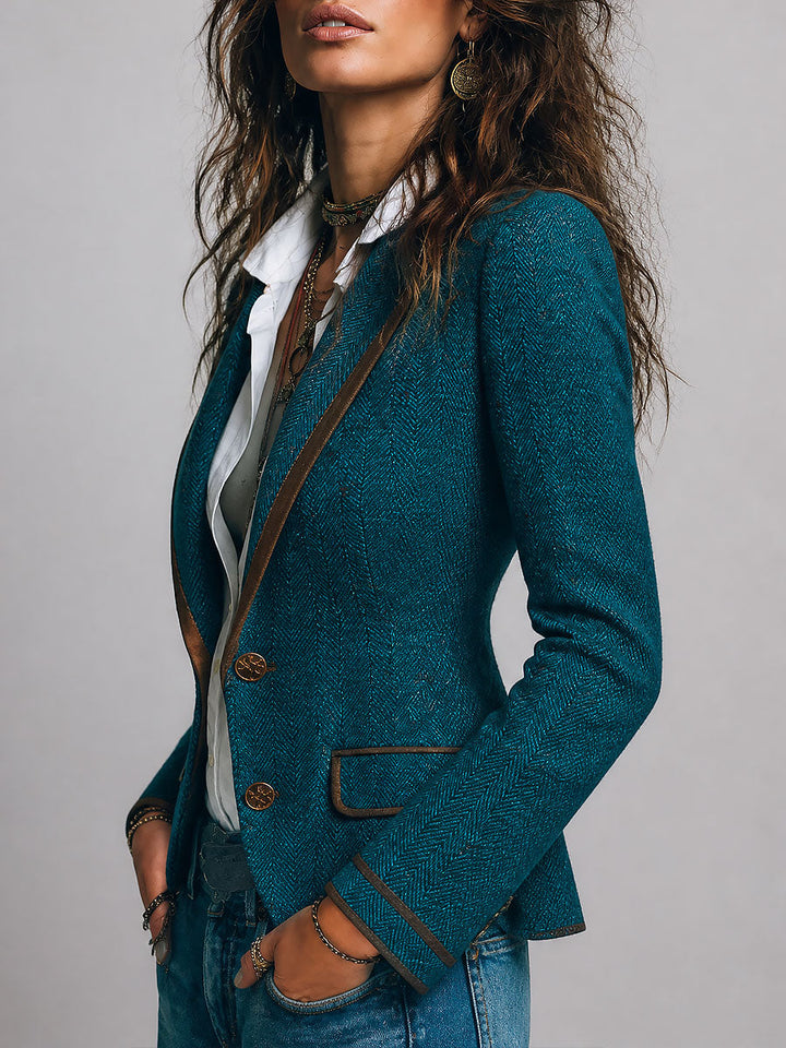 Women’s Herringbone Fitted Contrast Trim Blazer
