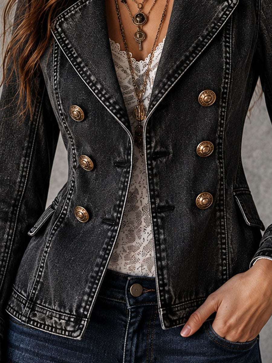 Women’s Vintage Washed Double Breasted Lapel Jacket