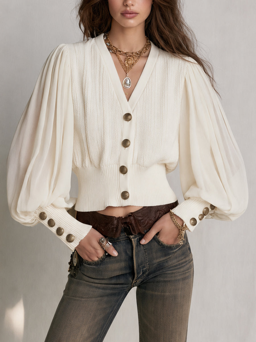 Women’s Ivory Ribbed Knit Sheer Sleeve Cardigan