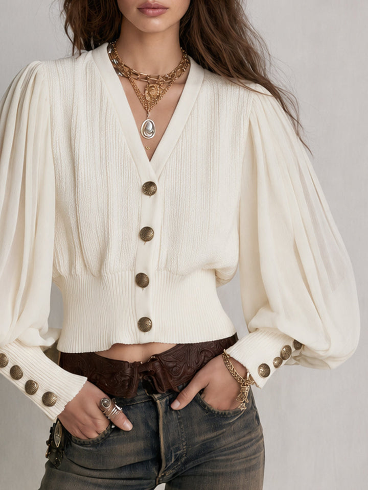 Women’s Ivory Ribbed Knit Sheer Sleeve Cardigan