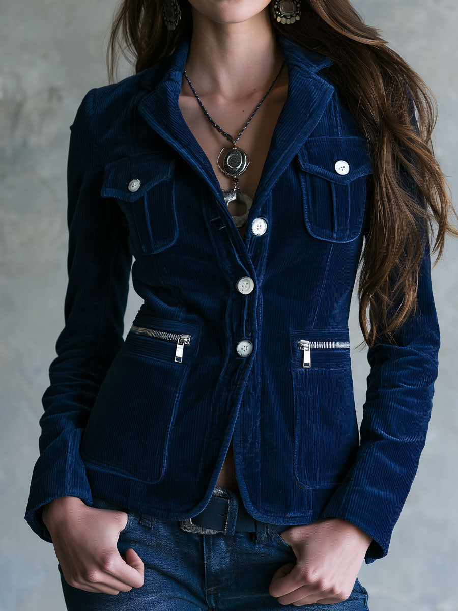 Women’s Vintage Navy Blue Zipper Pocket Blazer