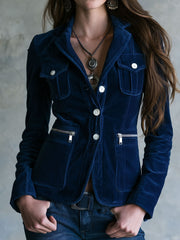 Women’s Vintage Navy Blue Zipper Pocket Blazer