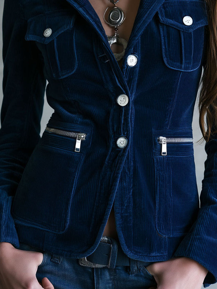Women’s Vintage Navy Blue Zipper Pocket Blazer
