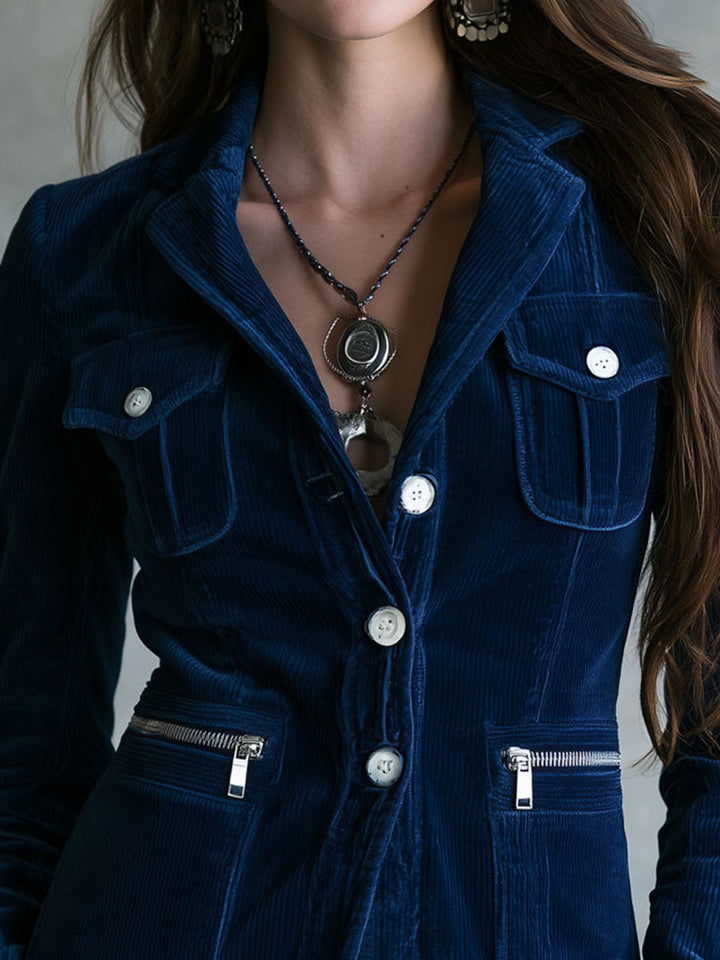 Women’s Vintage Navy Blue Zipper Pocket Blazer