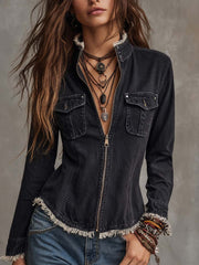 Women’s Fitted Raw Hem Black Trucker Jacket